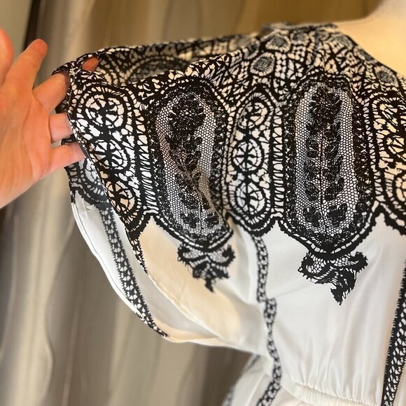 New York & Company White Cold Shoulder Dress with Black lace design, SIze Medium - Picture 3 of 16